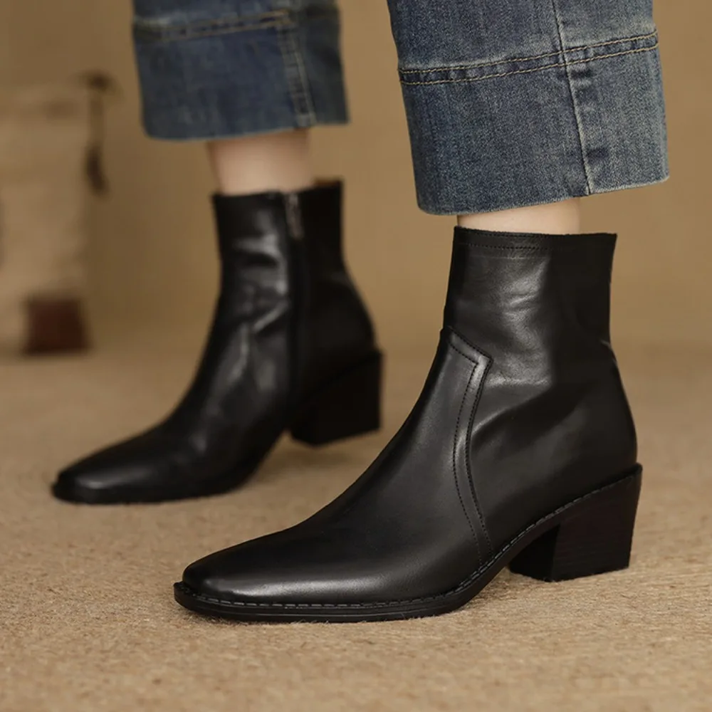 New Trend 2026 Winter Genuine Leather Women Ankle Boots Fashion Ladies Pointed Toe Side Zipper Block Heeled Boot(Black/Brown)