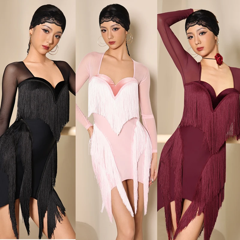 

Женское платье с сетчатыми рукавами для латинских танцев с бахромой, костюм для взрослых, чача, костюм для латинских танцев, женская профессиональная танцевальная одежда 10974