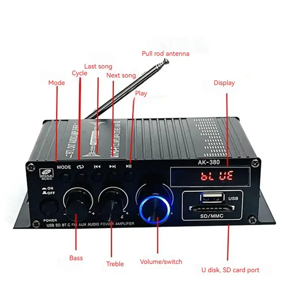 AK380 Digital Amplifier V5.0 HiFi FM Audio Amplifier For Karaoke Home Theater Sound System Subwoofer Speaker