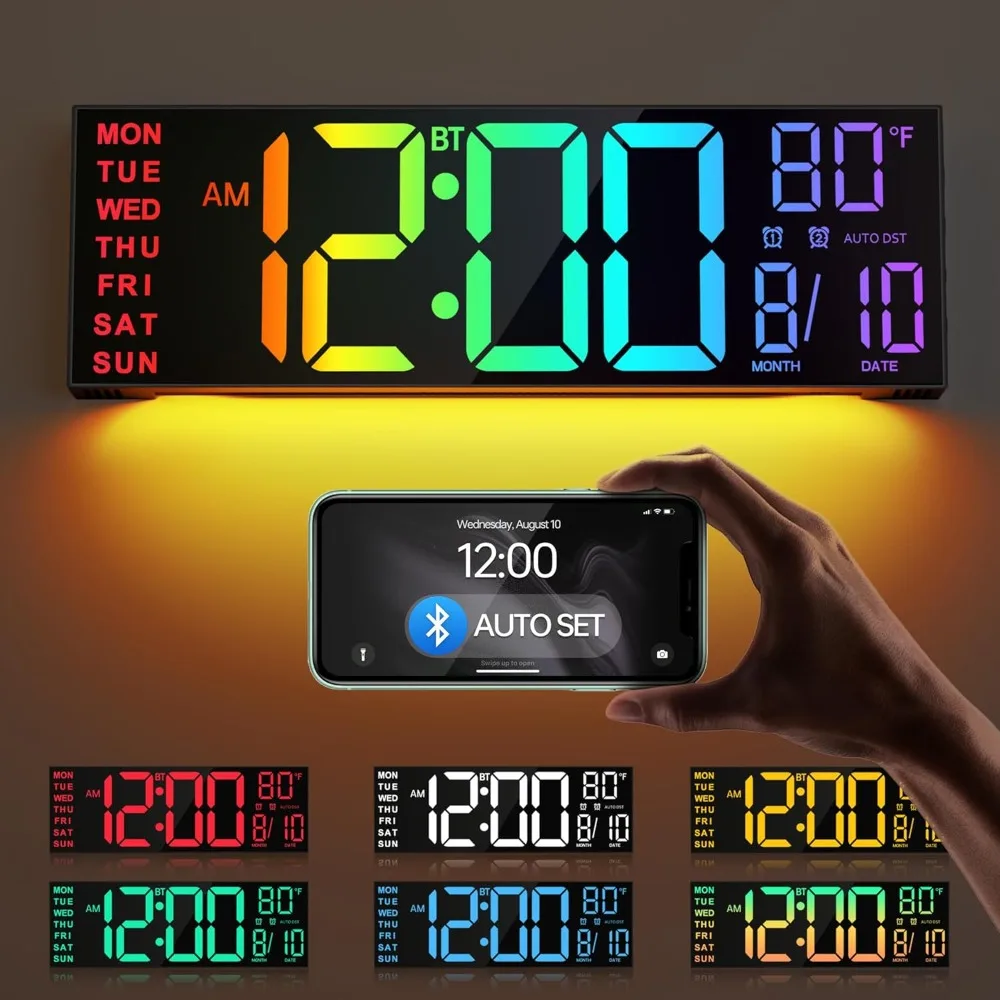 

16.2" Large Digital Wall Clock with Bluetooth Sync, Alarm Clock, Big LED, 8 RGB Colors, Auto DST