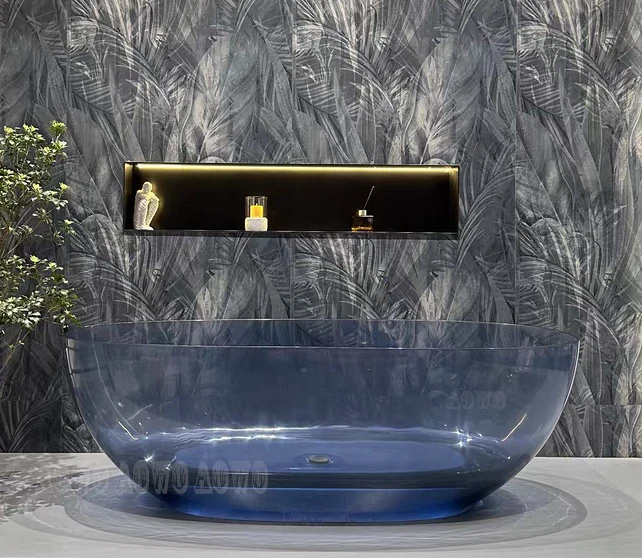 Pink Transparent Resin Bathtub, Luxury Crystal Clear Oval Tub, Freestanding Acrylic Stone Bath, Modern Spa Whirlpool Jet Bathtub