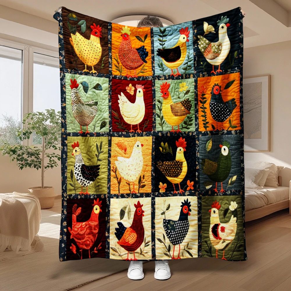 Vintage Chicken Patchwork, Farmhouse Lover Gift, Quilted Blanket, Colorful Rooster Grid Design, Multi-Purpose Home Decor, Soft C
