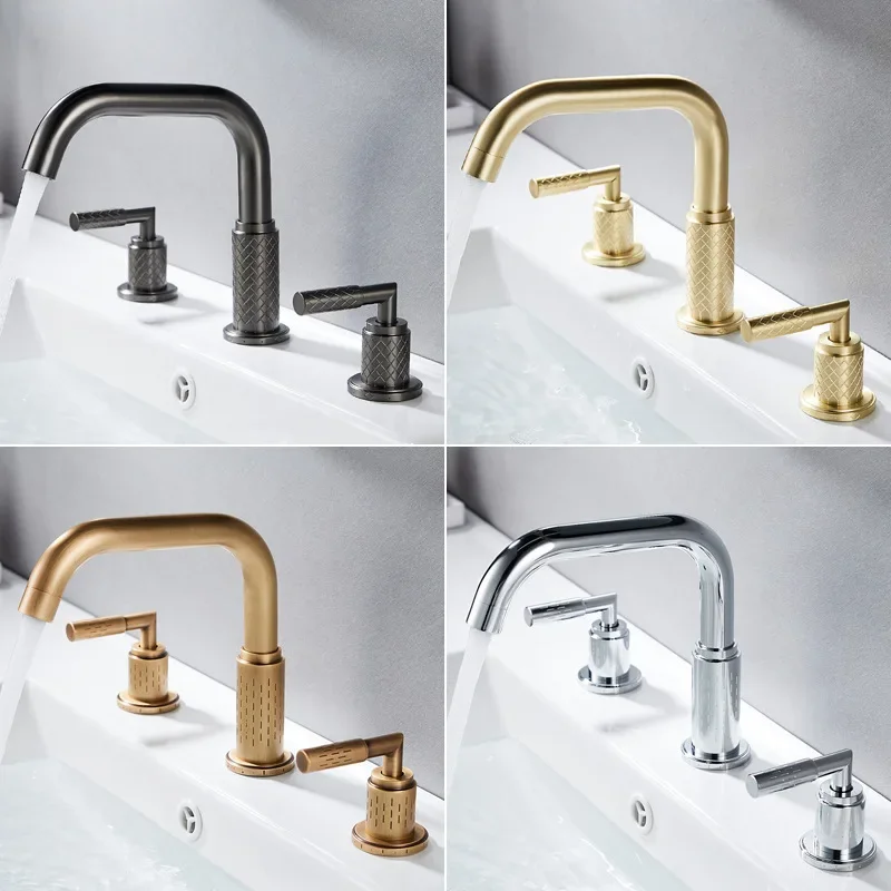 Gray Basin Faucets Brass Antique Bathroom Faucet Brushed Gold Sink Faucets 3 Holes Hot And Cold Black Waterfall Faucet Water Tap