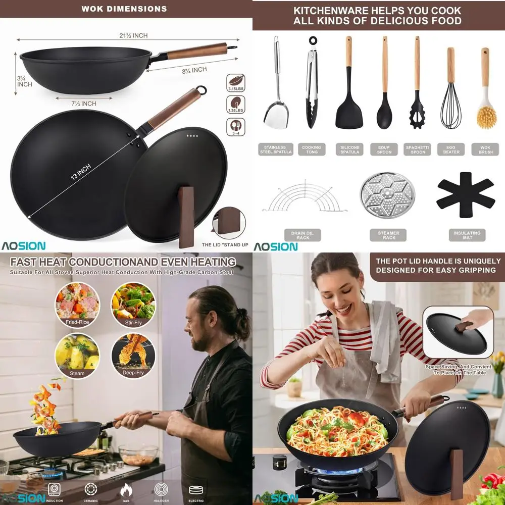 

13-дюймовый набор вок из углеродистой стали, набор сковороды для жарки из 12 предметов с крышкой, подходит для всех варочных панелей