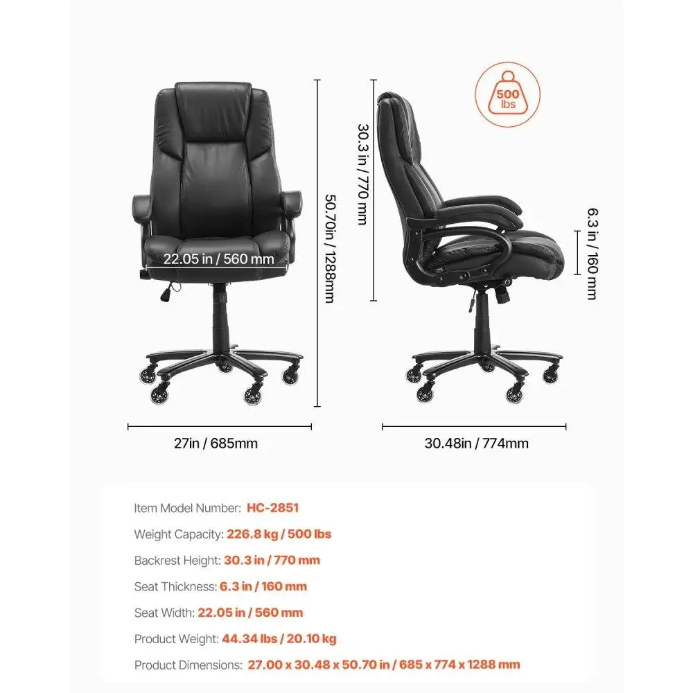 Executive Office Chair, 500lbs Capacity with Adjustable Lumbar Support, High for back PU Leather Office Chair Ergonomic for