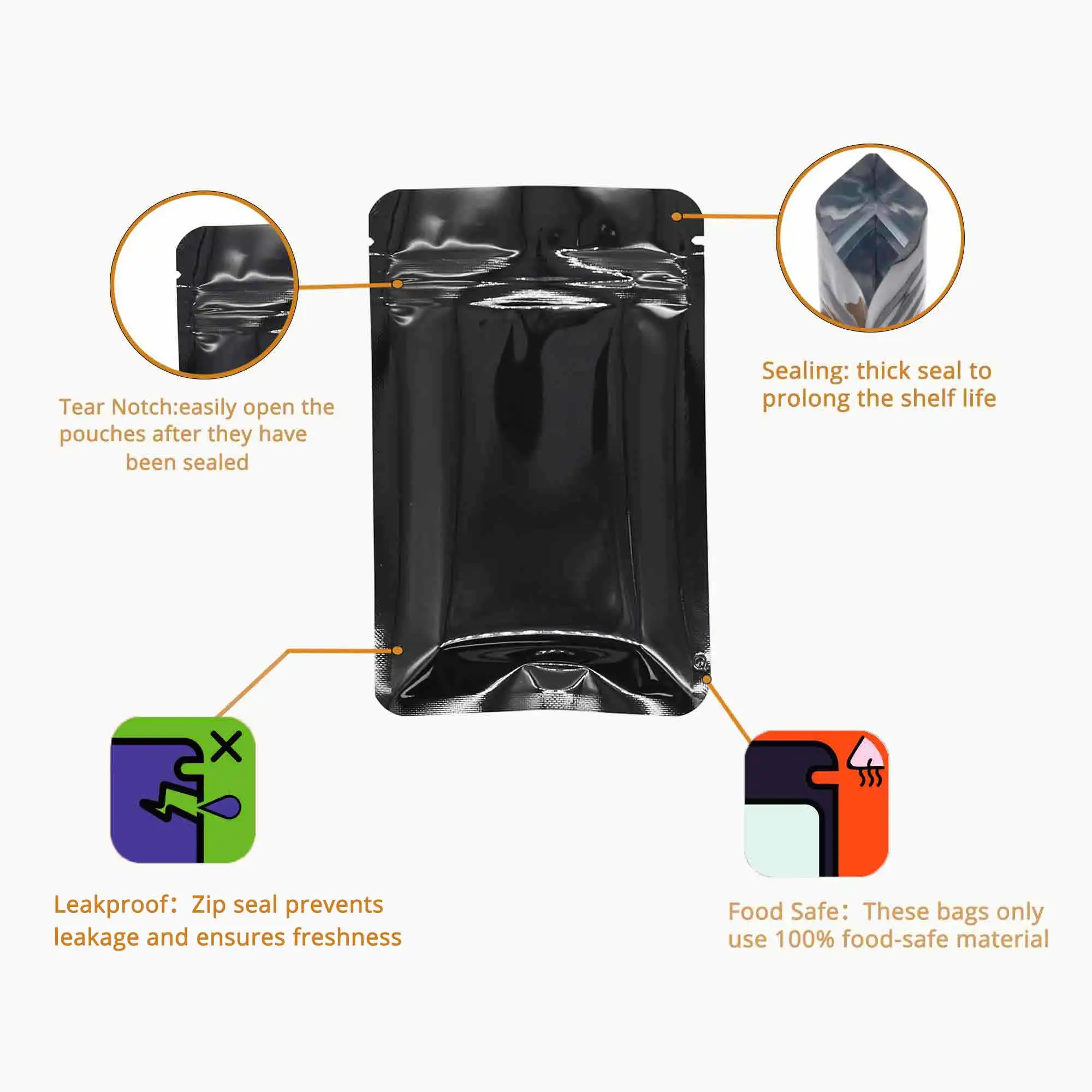 100PCS Glossy Black Silver Small Flat Ziplock Bag,  Food Grade Heat Sealable Zippler Lock Aluminum Foil Mylar Bags