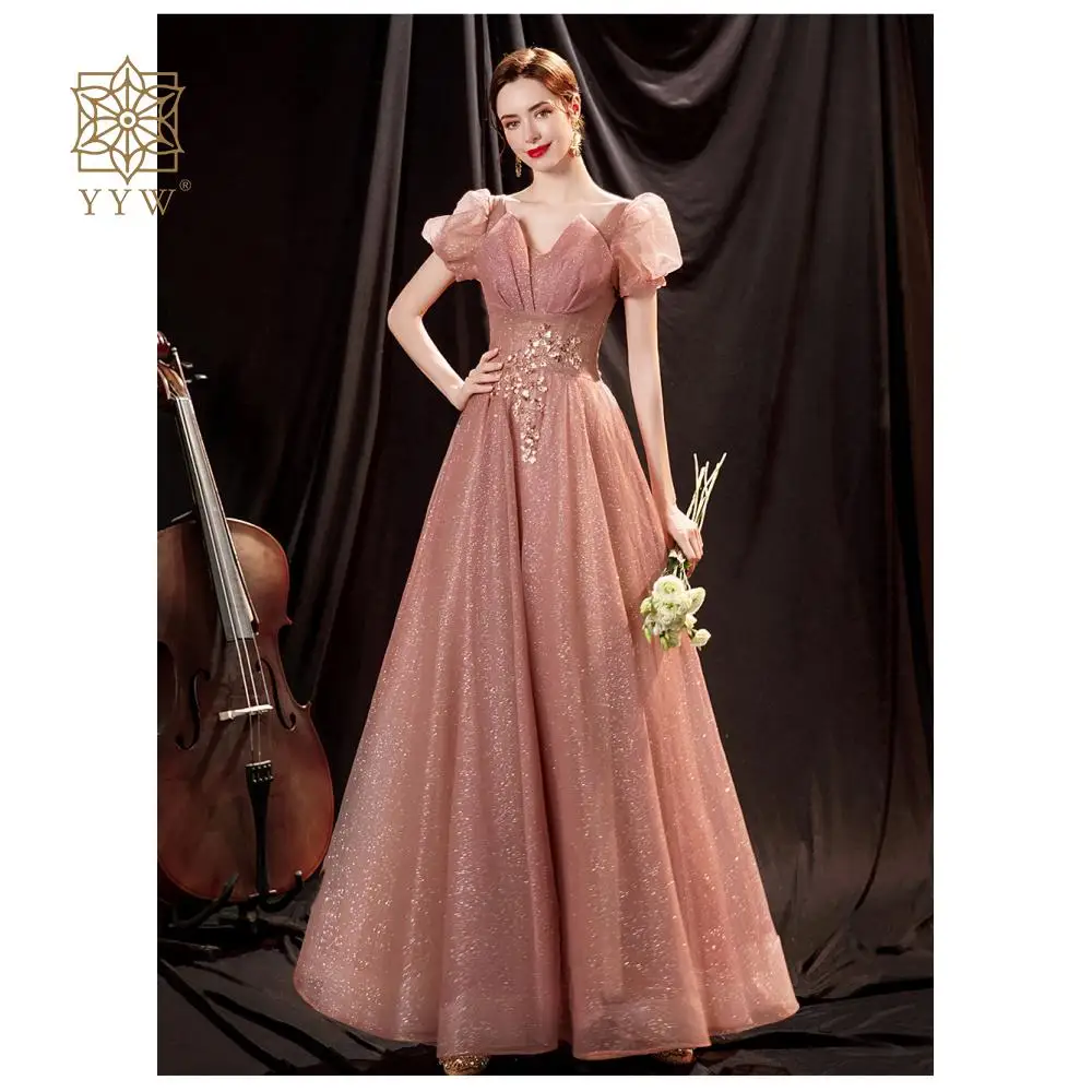 Chic Rose Pink Luxury Evening Dress For Women Wedding Party Long Arabic Formal Prom Gown Flower Embroidery Puff Sleeve Ball Gown