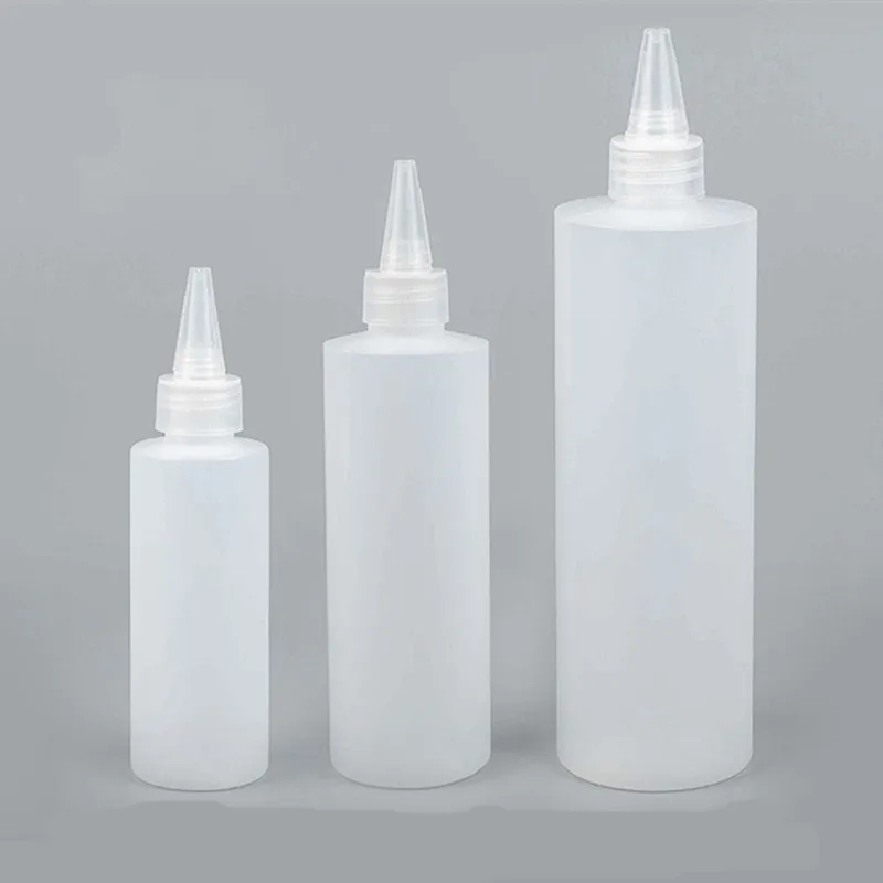 Cilindro de HDPE negro redondo 1/2/4/8oz 30ml/100/200/250ml/500ml botella suave de plástico, con giro, tapa superior de boca puntiaguda para pegamento Uv