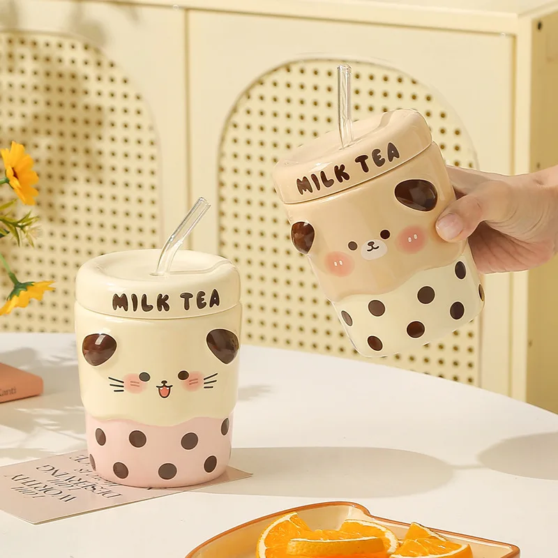 

Creative Cartoon Milk Tea Ceramic Straw Cup With Lid, Couple Mugs, Home And Office Coffee Breakfast Cup Gift