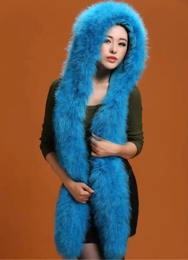 Fashion Warm Real Ostrich Feather Fur Cap Large Winter One-Piece Muffler Neck Warmer for Women in White Black Yellow Blue