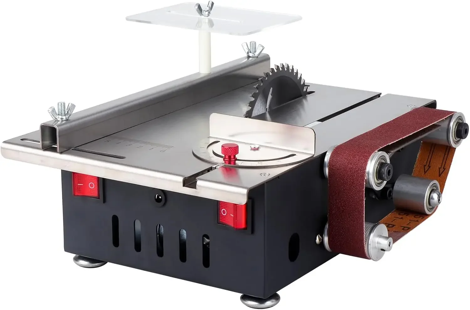 

2 in 1 Mini Table Saw, Versatile Portable Cutting | Sander All-in-One, Belt Sander, 4 Blades and 10 Sanding Tapes to Choose From