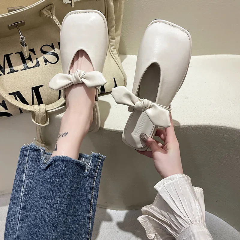 Butterfly-Knot Female Shoes Slippers Women Summer Mules Sexy Low Loafers Cover Toe Slides 2024 Flat Square Butterfly-knot Rubber