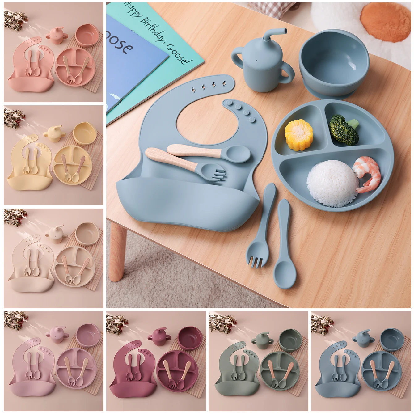 Color Kids 8PCS Silicone Baby Feeding Set With Bowl Suction Plate BPA Free Waterproof Bib Spoon Fork Toddler Training Utensils