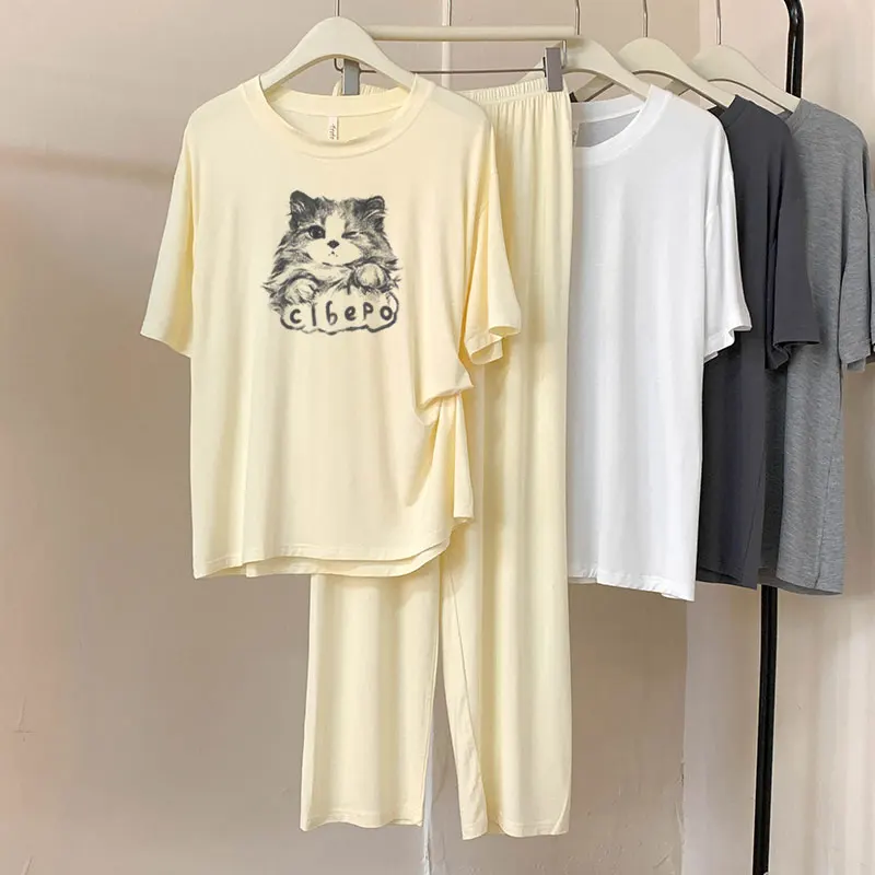 

Dc08 Cute Cartoon Cat Short Sleeve Trousers Pajamas Women 2025 Summer New Casual Loose Plaid Homewear Set