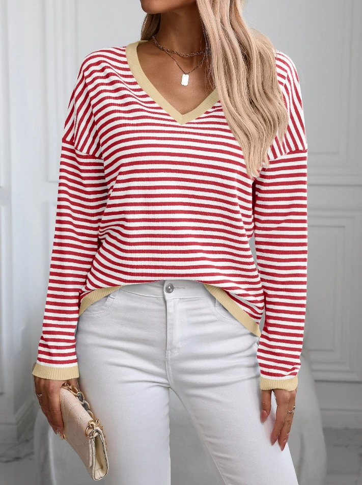 Women's Sweater 2025 Autumn Winter Latest V-Neck Striped Contrasting Long Sleeved Casual Top Street Trendy Loose Fit Hooded