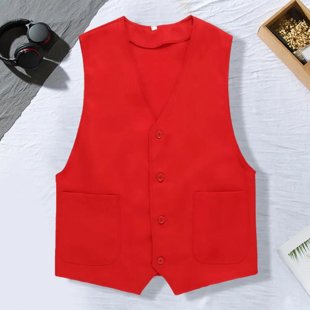 Solid Color Volunteer Waistcoat V Neck Single-breasted Buttons Working Outdoor Vest Cardigan Community Worker Vest Fishing Vest