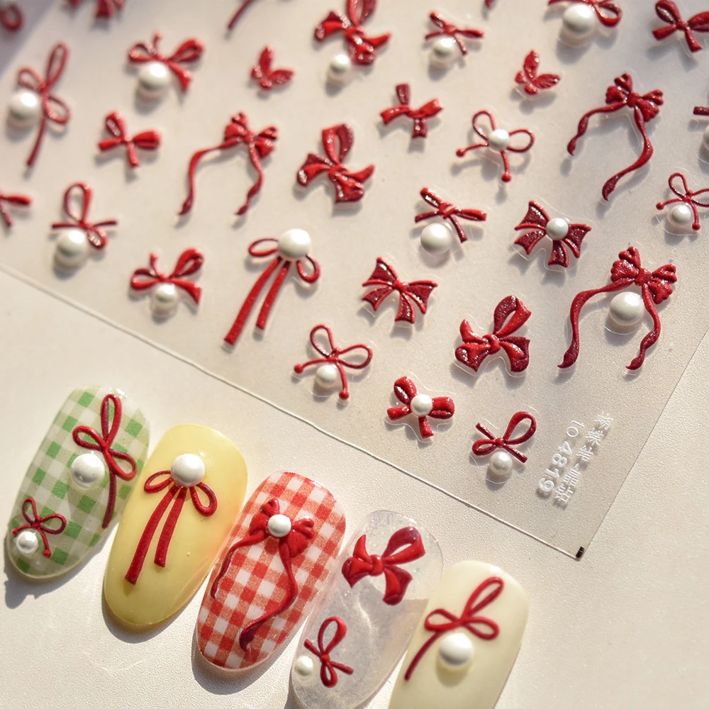 Glänzende rote Schleife Fliege Seidenband Schmetterling 5D Nail Art Aufkleber Perle Strasssteine selbstklebende Dekoration Maniküre Aufkleber