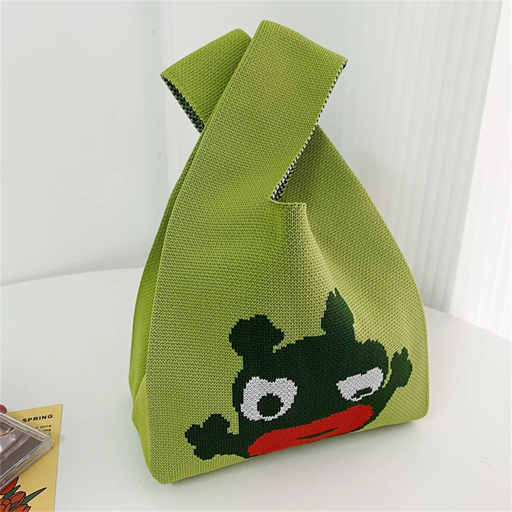 Bolso de mano de punto hecho a mano con dibujos animados para mujer, Mini bolso de muñeca con nudo, bolsas de compras reutilizables informales japonesas, envío directo