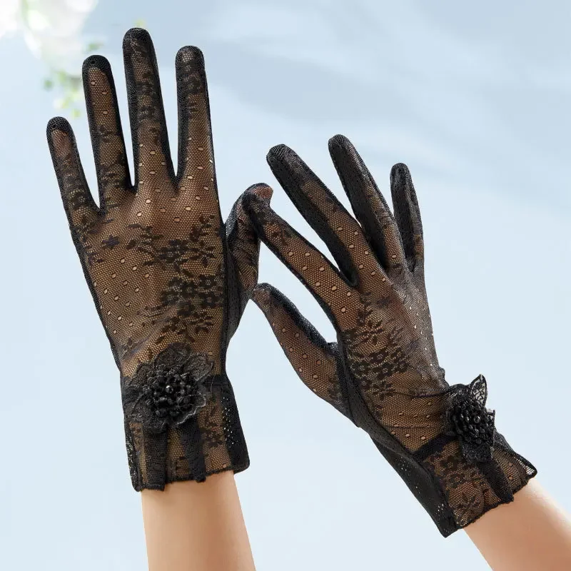 Sunscreen Gloves Anti Slip Lace Ice Silk Gloves Women's Thin Design Summer UV Touch Screen Driving Long Gloves Outdoor Cycling