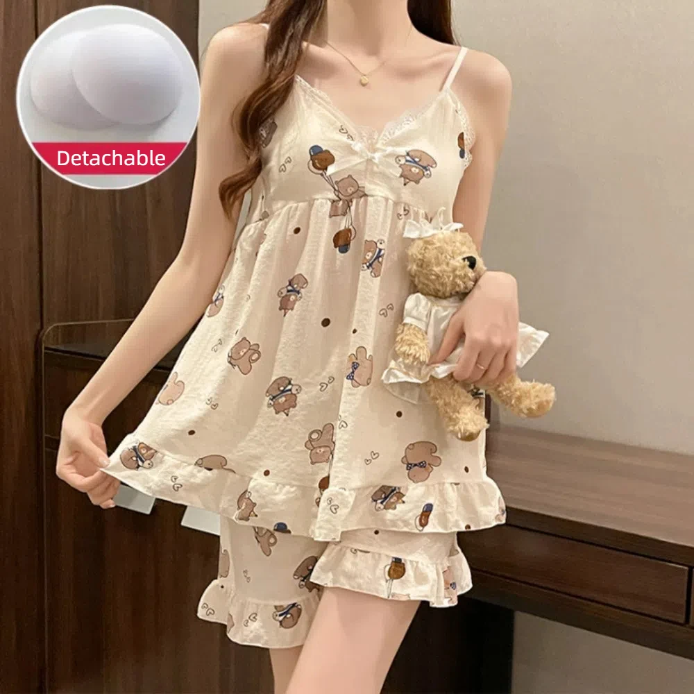 

Sweet Flower Bear Suspender Shorts Suit Ruffle Sleeveless Two Piece Sleepwear Loose with Padded Lace Nightwear Sets Home