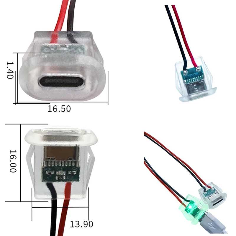 Type-C Clear Direct Compression Waterproof Female Socket With LED Lights Plate Charging Port Connector