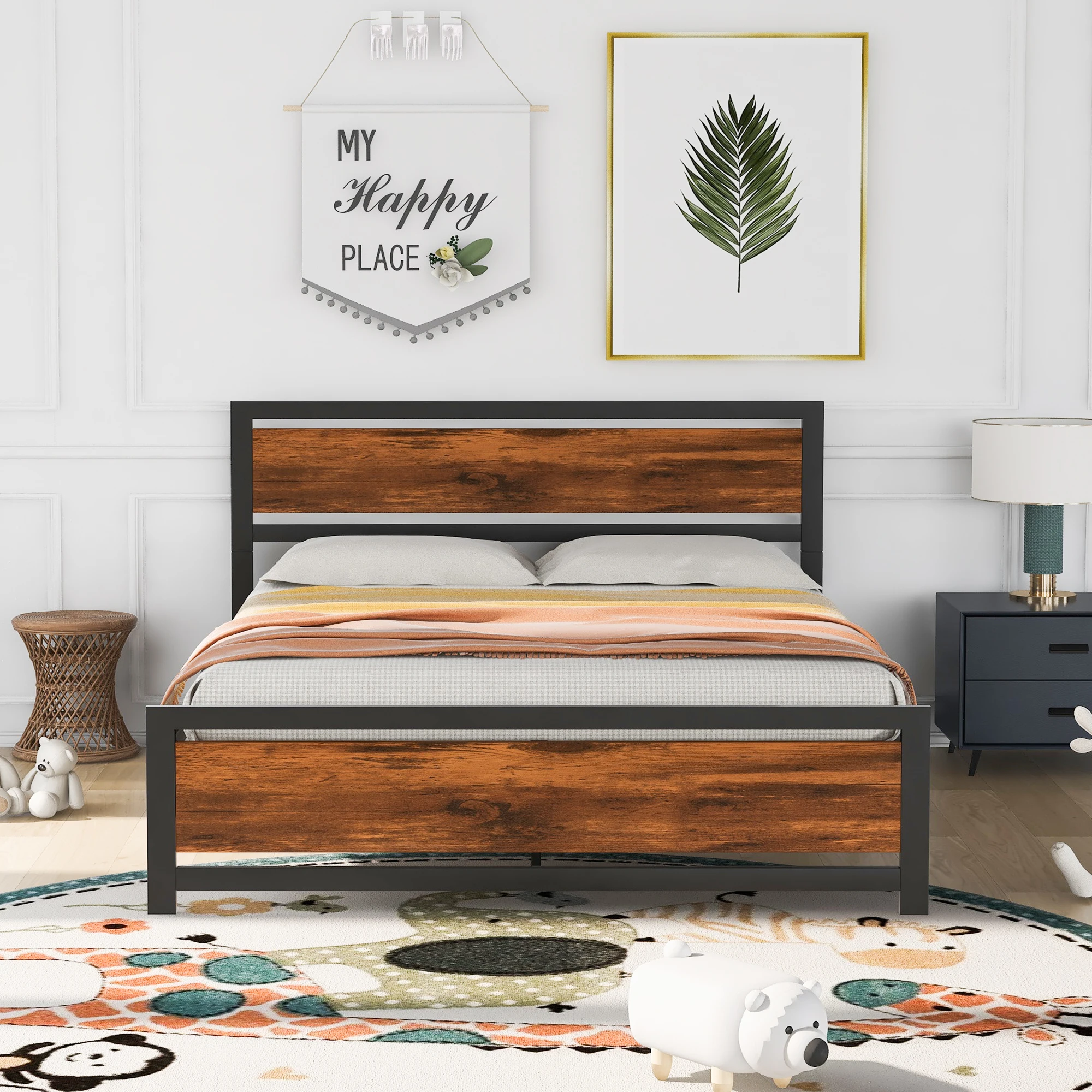 Queen/Twin Size Metal Wood Bed Frame with Headboard&Footboard Platform Bed Rustic Brown No Box Spring Needed Easy to Assemblel