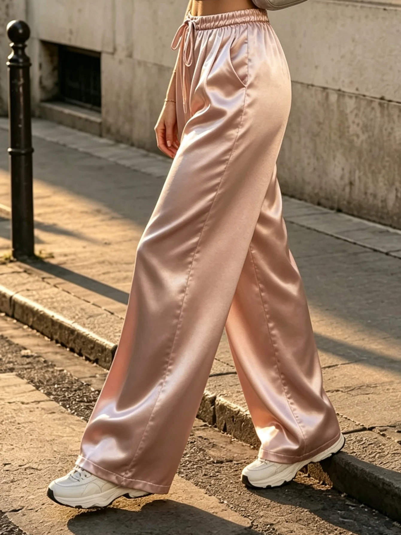 New Elegant Satin Loose-fitting Long Pants Versatile And Easy To Wear With Shiny Acetate Material And Elastic Wide-leg Design