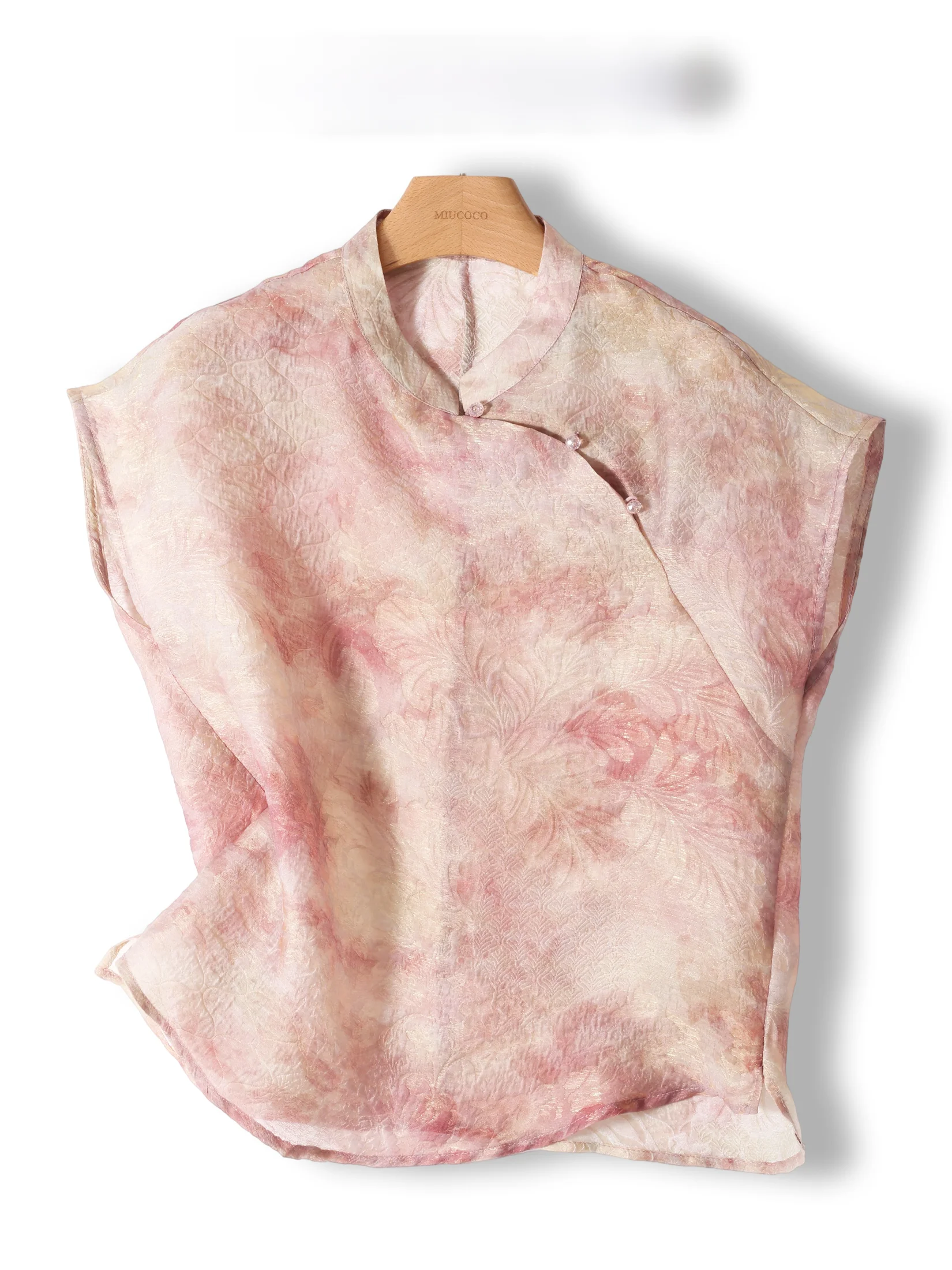 

P Brand New Chinese Style Retro Texture Embroidery Short Sleeve Stand Collar Women's Shirt Top Loose Fit Button Detail