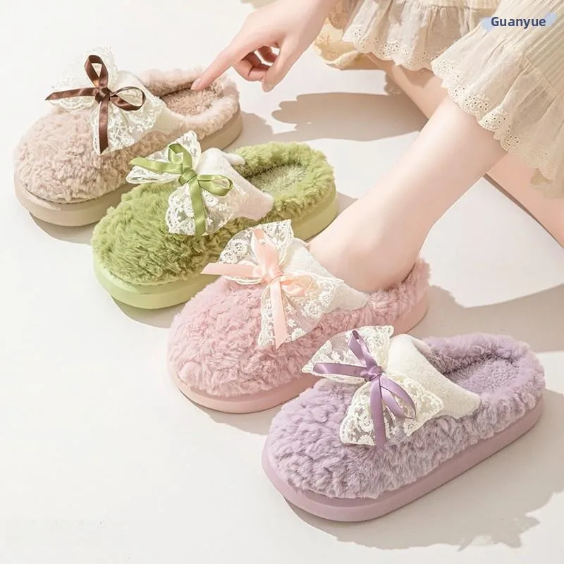 

Thiened Fluffy Slippers Women's Indoor Home Knot Cotton Slippers Warm Winter Boots Soft Plu Slip-On oes