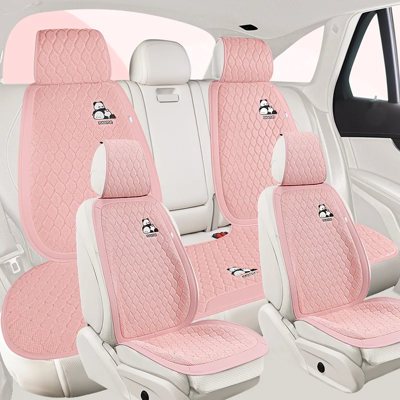 

Comfortable Linen Car Seat Cushion Cartoon Panda Embroidery Protect The Seat Four Seasons Universal Suitable for Most Cars