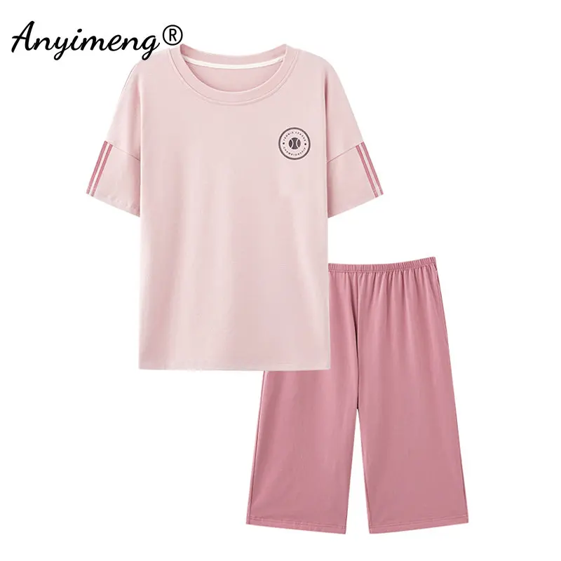 

New Summer Fashion Plus Size 4XL Pijamas for Girls Soft Cotton Plain Pajamas Set Short Sleeved Calf-length Pants Women Homesuit