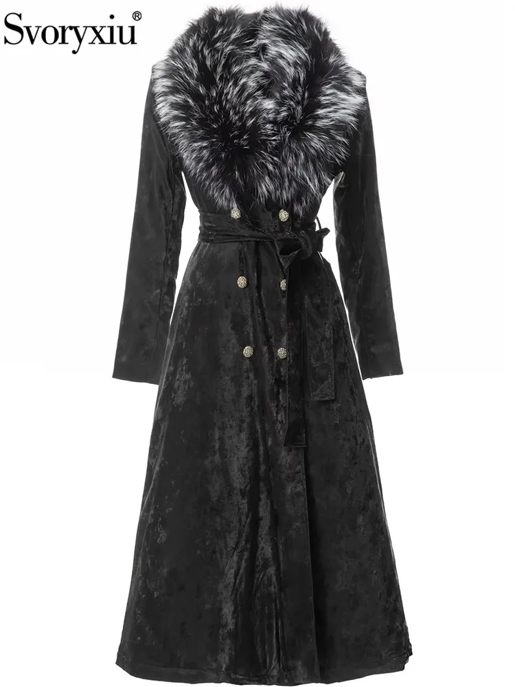 Svoryxiu Fashion Runway Autumn Winter Black Long Style Overcoat Women's Fur Turn-down Collar Belt Slim Double Breasted Overcoat