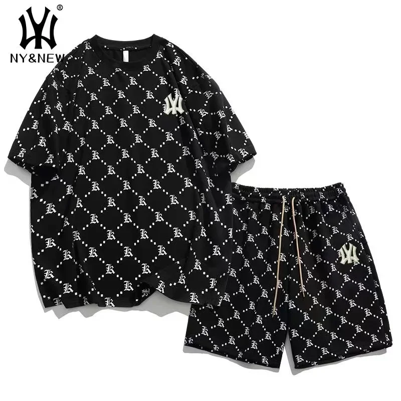 Y2K NY & جديد القطن الخالص مريحة طباعة كاملة الرجال دعوى قصيرة الأكمام الرجال الصيف زوجين دعوى الأمريكية الرجعية الرجال البدلة