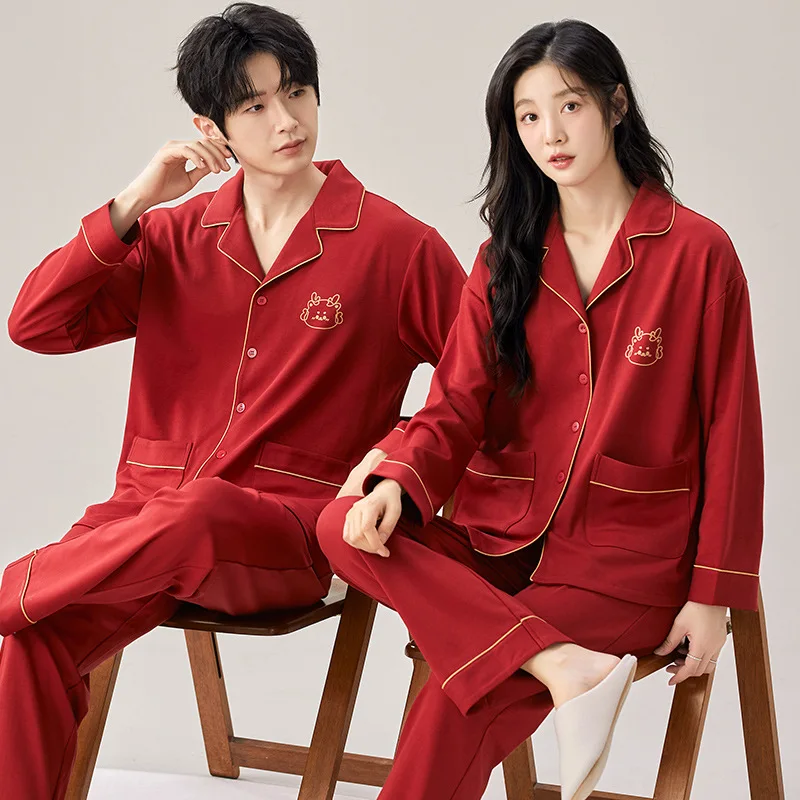 Women and Men Matching Cotton Pajamas 2024 New Fashion Korean Nightwear Cardigan Autumn Pijamas Long Femme Hombre Pjs Pyjamas