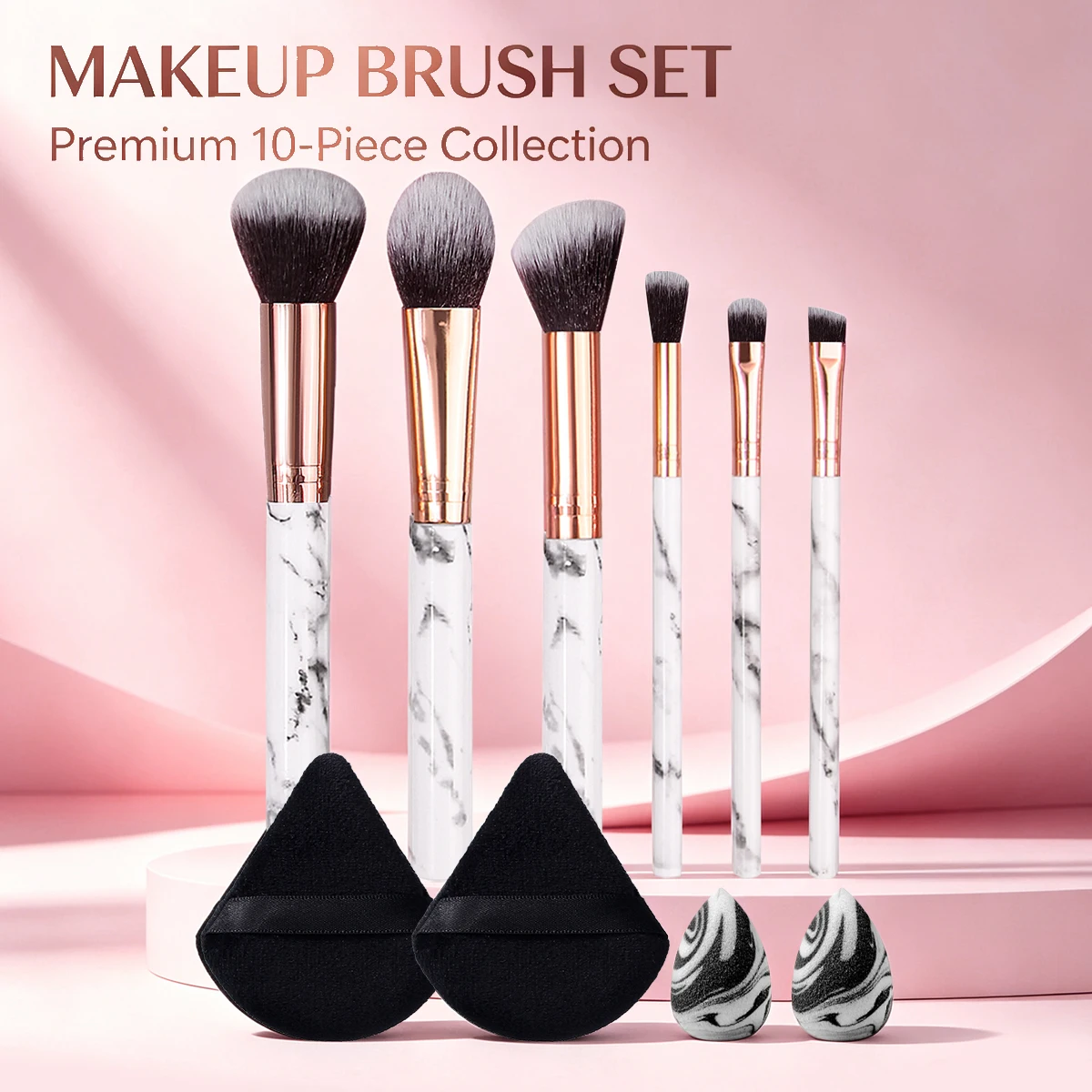 Makeup Brush Set 10Pcs with Triangle Powder Puffs & Beauty Sponges, Soft Synthetic Brushes for Face Eye Makeup Cosmetic Tools