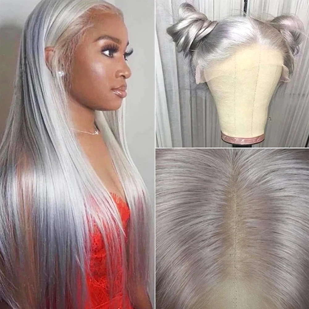 30 Inch Silver Grey Colored Lace Front Long Straight Wigs HD Transparent 13x4 Lace Frontal Glueless Wigs For Women Pre Plucked