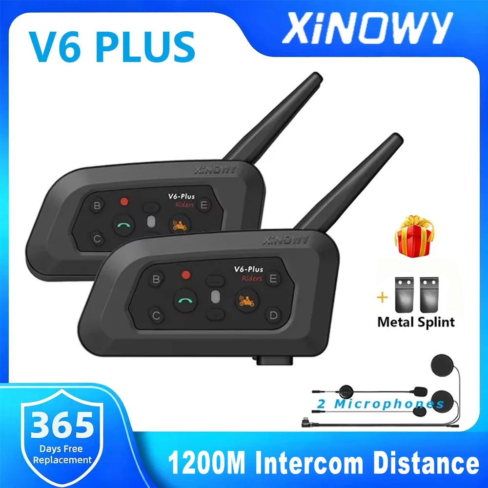 Casque de moto Bluetooth XINOWY V6 Plus avec intercom pour 6 motards, communication interphone 1200M, étanche IP65