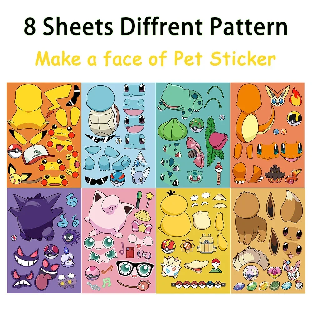 

8sheets cute Pokemon Anime Pikachu Gengar Puzzle Stickers Make A Face Children Cartoon DIY Assemble Jigsaw Decals Kids