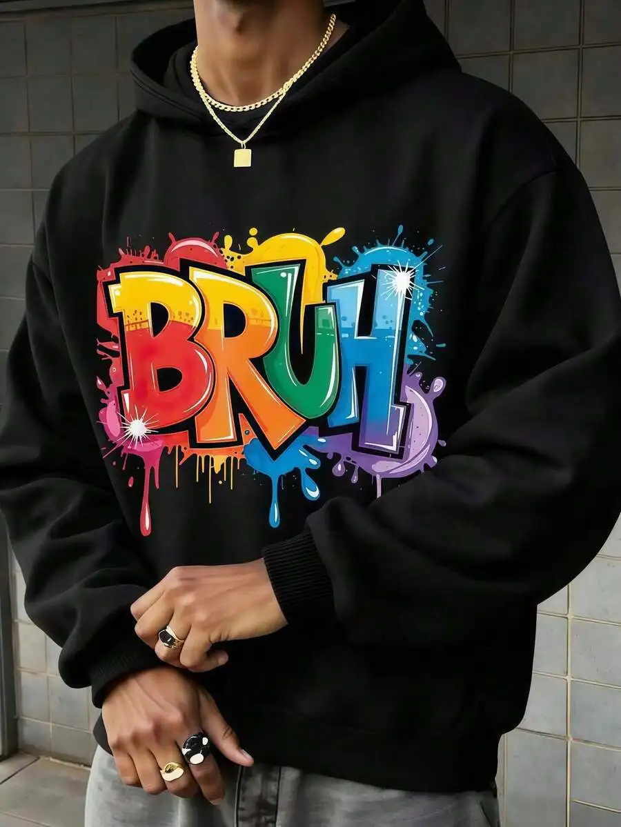 1pc Unisex Hoodie Graffiti BRUH Print Black Hoodie,Hoodies For Men Lightweight Polyester Material,Simple Drawstring Hoodie,Machine Washable,