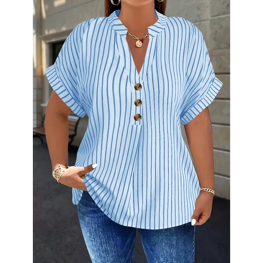 Camicia a maniche taglie forti primavera estate Scollo a V Top a pipistrello con bottoni Strisce verticali Abbigliamento intimo autunnale e invernale da donna slim fit