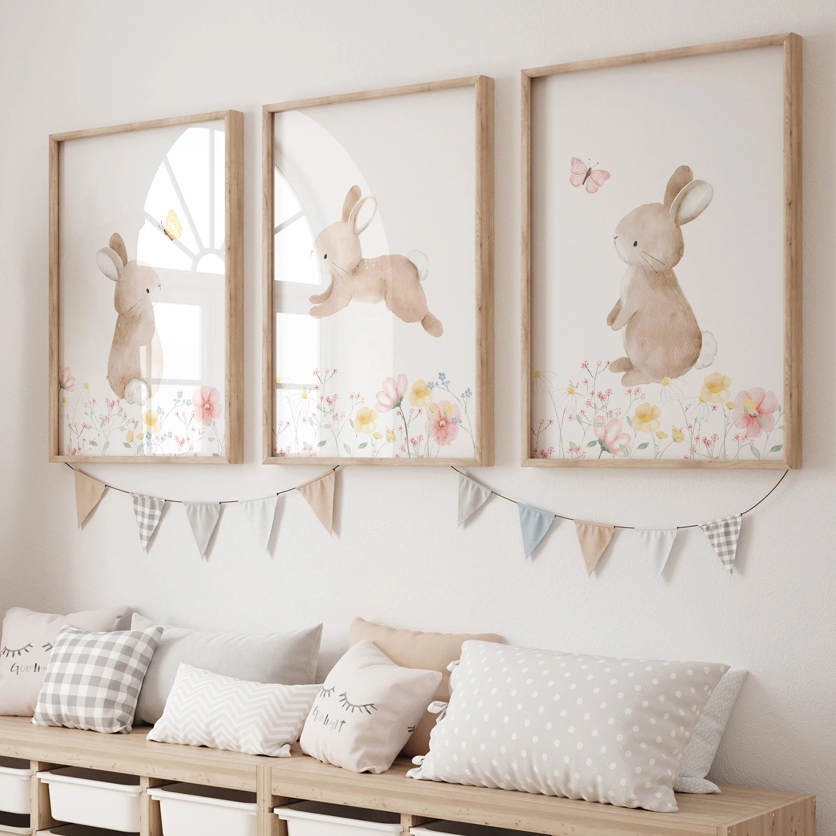 3pcs Cartoon Children Rabbit In The Flowers Wall Art Prints 