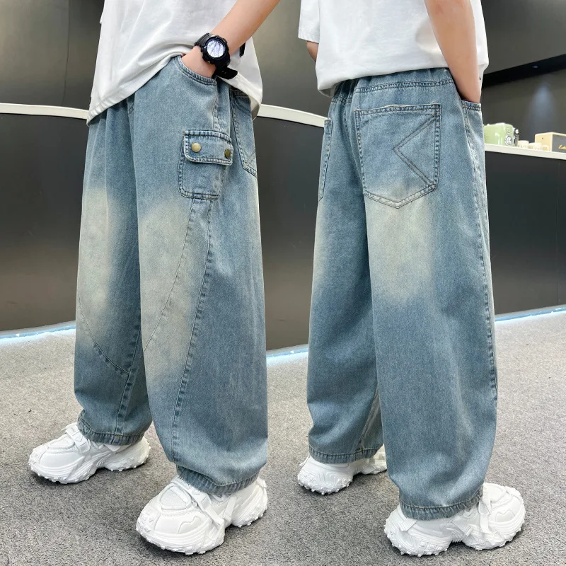 

Kids New Summer Straight Fit Jeans Pocket For Boys High Street Fashion Denim Pants Teens Child Causal Blue Thin Jeans Trousers
