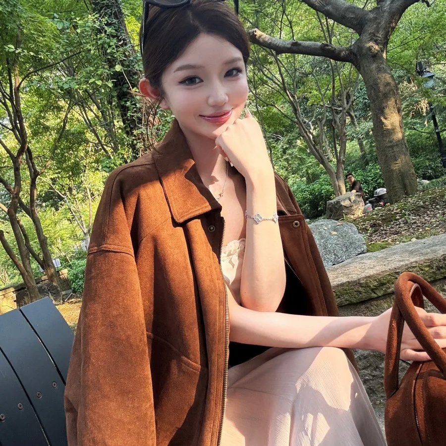 

Slimming Faux Suede Jaet Loose Wide Feel Retro Sle Casual Coat for Women Autumn Winter New Arrival Faionable Outerwear