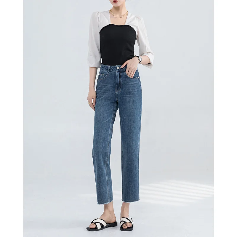 High Quality Stretch Denim Straight Leg Jeans, Women's Spring and Autumn New Style Simple High-waisted Nine-point Wide-leg Jeans