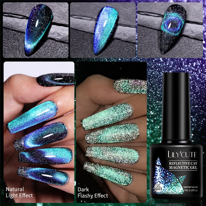 LILYCUTE 7ml 9D Reflective Cat Magnetic Gel Nail Polish Blue Sparkling Semi Permanent UV Gel Soak Off Glitter Gel Nail Art