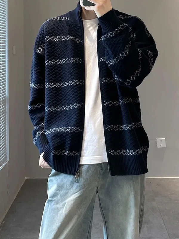 

Корейский мужской вязаный кардиган в полоску с текстурой, свободного кроя, на молнии, с длинными рукавами, повседневный, в стиле Lazy Sle