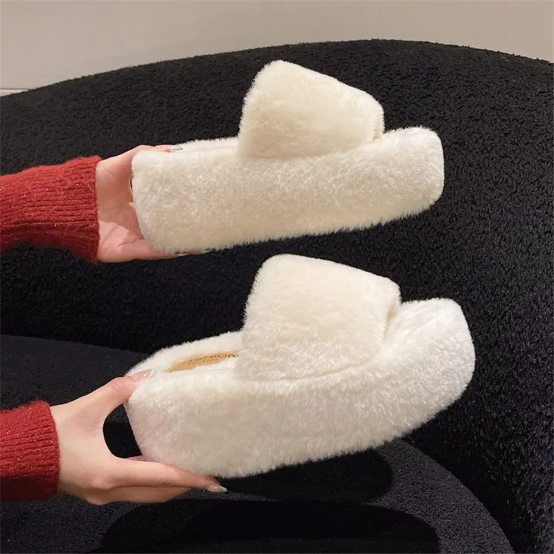 COOTelili รองเท้าส้นตึกขนเทียม, รองเท้าแฟชั่นให้ความอบอุ่นรองเท้าสลิปออนส้นสูง8ซม. สำหรับฤดูหนาว