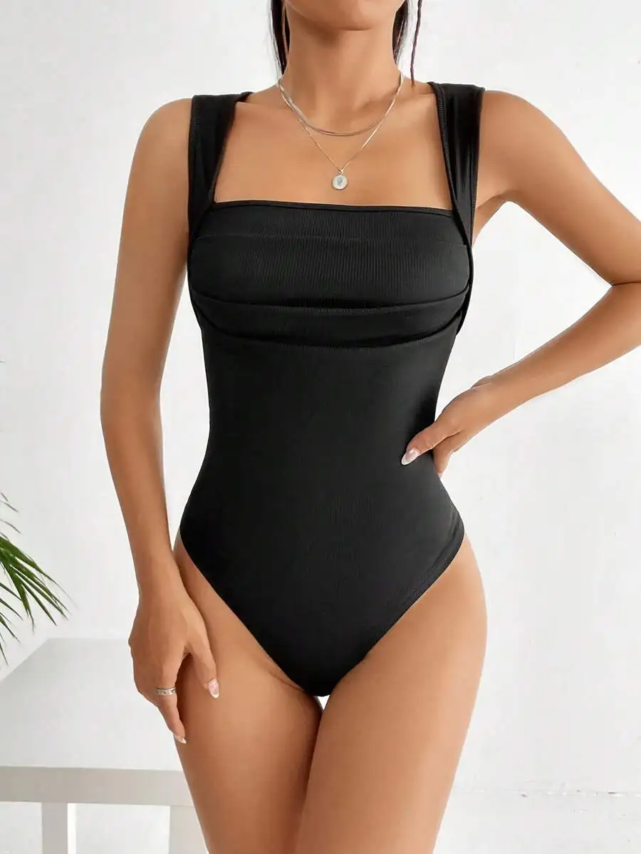 

Black Square Neck Ribbed Bodysuit with Wide Straps