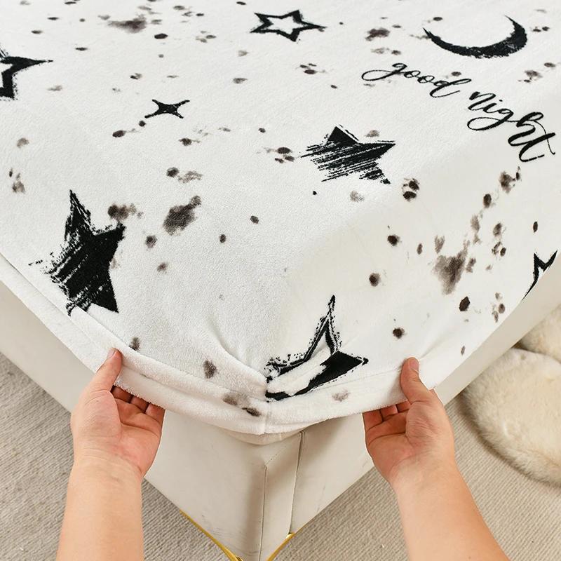 Printed Sheet Is Tasted The Fitted Milk Velvet Autumn Winter Thickened Warm Bed Cover Multi-size Mattress Elastic 200x220bedding