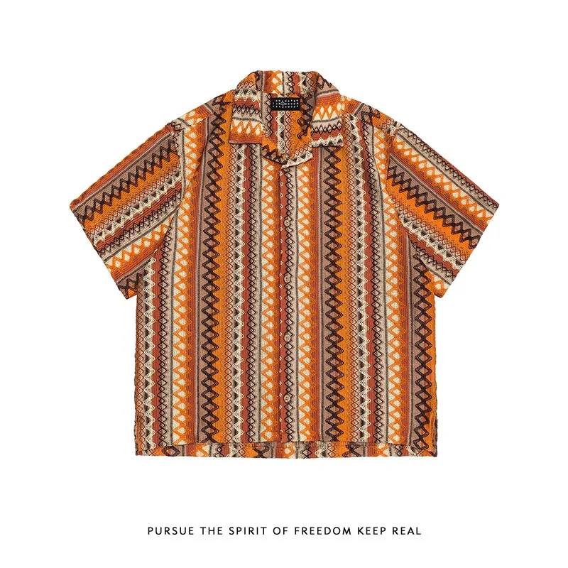 

Мужская рубашка с кубинским воротником, богемная этническая рубашка с коротким рукавом, вязаная крючком жаккардовая рубашка для отпуска, дышащая курортная рубашка Tiki